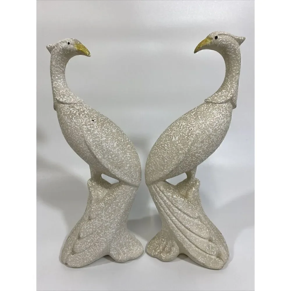 Vintage MCM Midcentury Textured Ceramic Bird Figurine‎ Set White Pheasant  11”